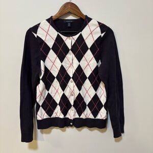 Lands’ End Women’s Preppy Argyle Cardigan Sweater M Supima Cotton